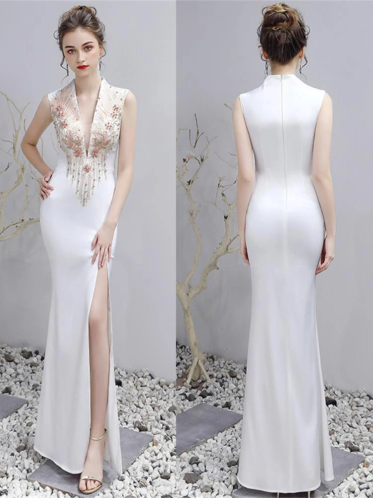 فستان سهرة أبيض طويل ، ياقة على شكل v ، بدون أكمام ، فستان سهرة طويل من  قماش تفتا ، فتحة جانبية ، مزين ، للنساء ، مجموعة جديدة 2020 ، XUCTHHC -  AliExpress