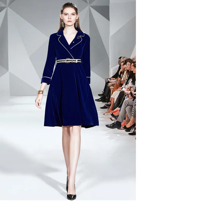 

New Style WOMEN'S Dress Suit Fold-down Collar with Belt High-End Velvet Big Hemline Windbreaker Dress