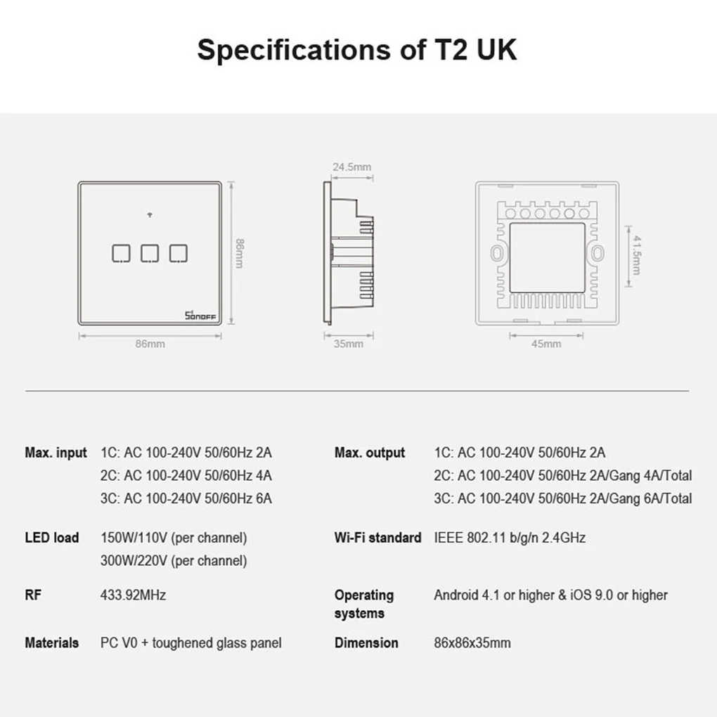 SONOFF T2 1/2/3 Gang TX Series 433Mhz RF Controlled Wifi Light Switch Smart Home Supplies UK Standard