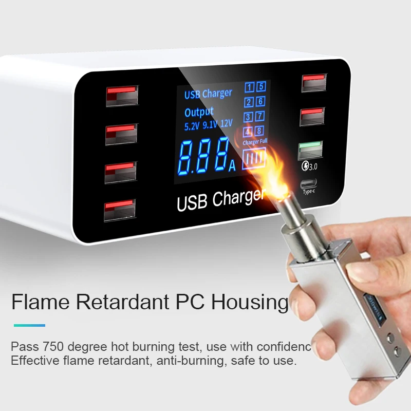 GOOJODOQ 8 Port USB Type C Charger Smart LED Display Quick Charge 3.0 USB Fast Charging Adapter 40W with Smart IC Travel Charger