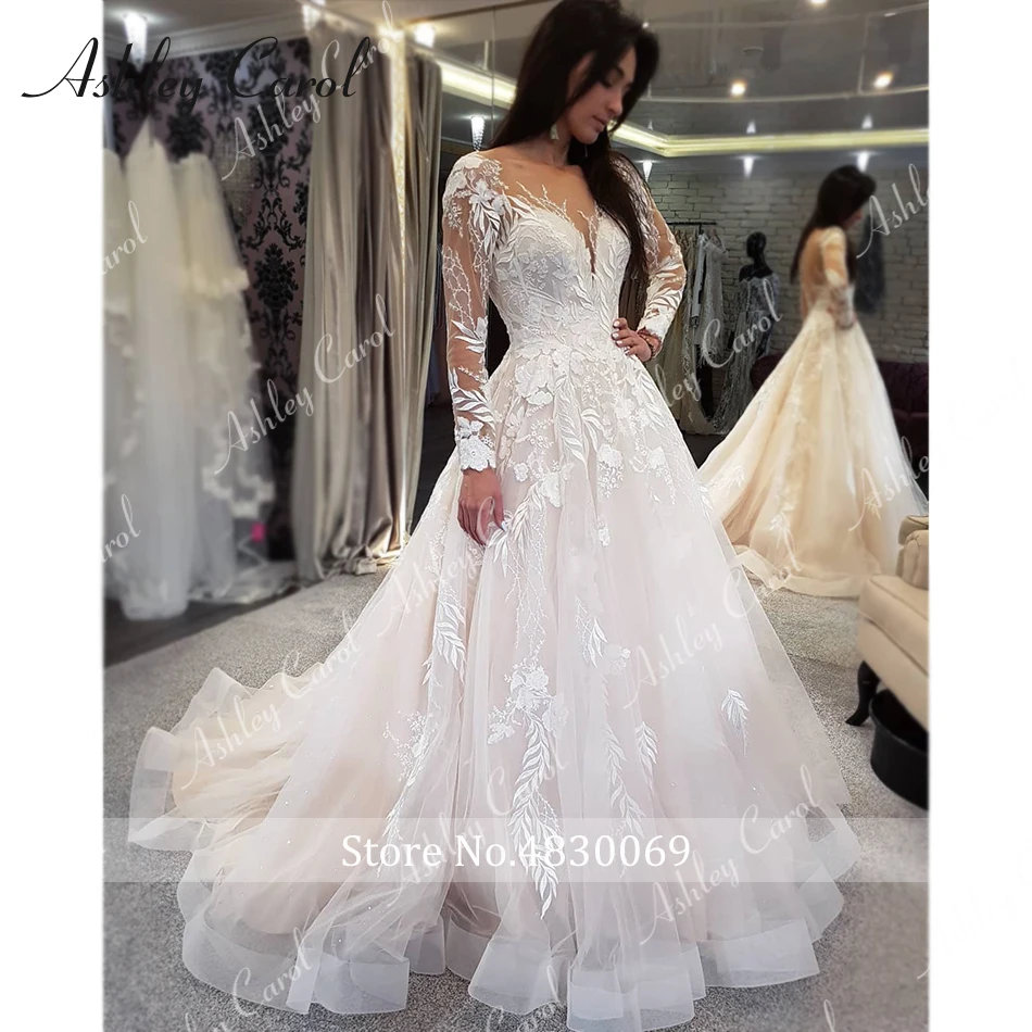 Wedding Dresses for Women Ashley Carol Appliques Tulle Backless Long Sleeve Boho