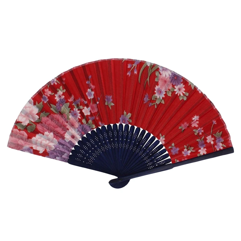 2 Pcs Summer Folding Fan: 1 Pcs Chinese Style Floral Pattern Folding Hand Fan Red, Pink, Blue, Green& 1 Pcs Bamboo Slats Foldab