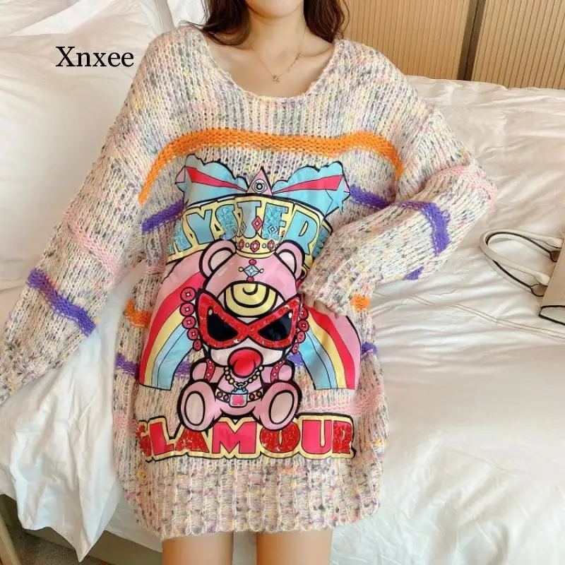 

Grils Spring Autumn Stripes Sweaters Women Streetwear Cartoon Sequins Knitted Pullovers Ladies Loose Jumper Tops Clothing
