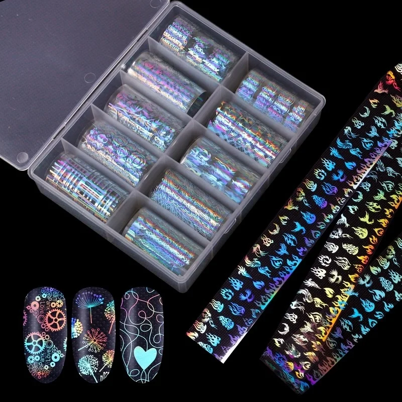 4*100cm 10 Rolls/Box Holographic Nail Foil Transfer Decal For Nails Stickers Leaf Panda Fire Flame Nail art Decoration