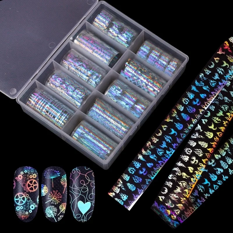 

10 Rolls/Box 4*100cm Holographic Nail Foil Transfer Decal For Nails Stickers Leaf Panda Fire Flame Nail art Decoration