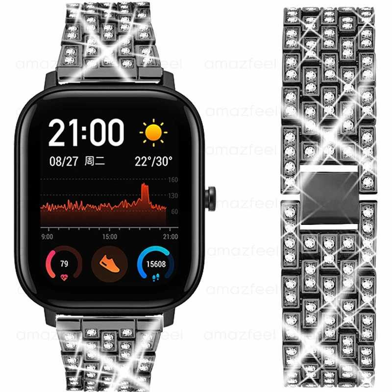 Luxury Strap For Amazfit GTS 2 mini /Bip U pro Bracelet Bling Diamond Metal Xiaomi Bip S Lite GTR Wristband | Электроника