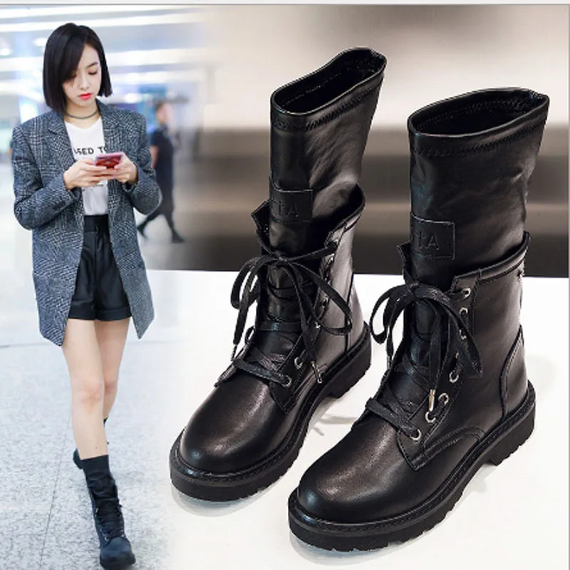 

Leather Martin boot girl 2019 new binding tube round head thick with European and American British style Martin boots