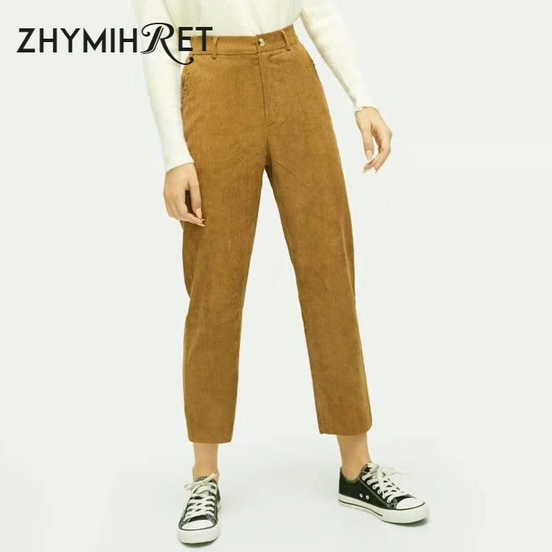 ZHYMIHRET, Осень-зима, вельветовые узкие брюки с высокой талией, женские брюки, уличные штаны длиной до щиколотки, штаны-капри, Mujer