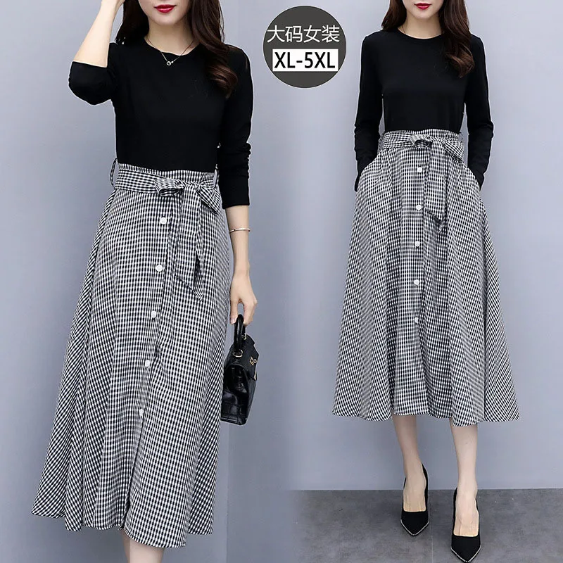 

2020 Spring Clothing New Style Ozhouzhan Large Size Dress Fat Mm Lace-up Waist Hugging High-waisted Joint Plaid Slimming Dress O