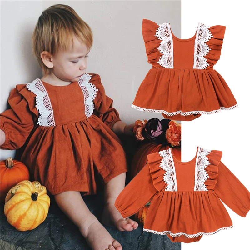 

Fashion Autumn Lovely Baby Girls Boys Romper Dress Lace Solid Ruffles Backless Jumpsuits 0-18M Kids clothes Cotton wholesale
