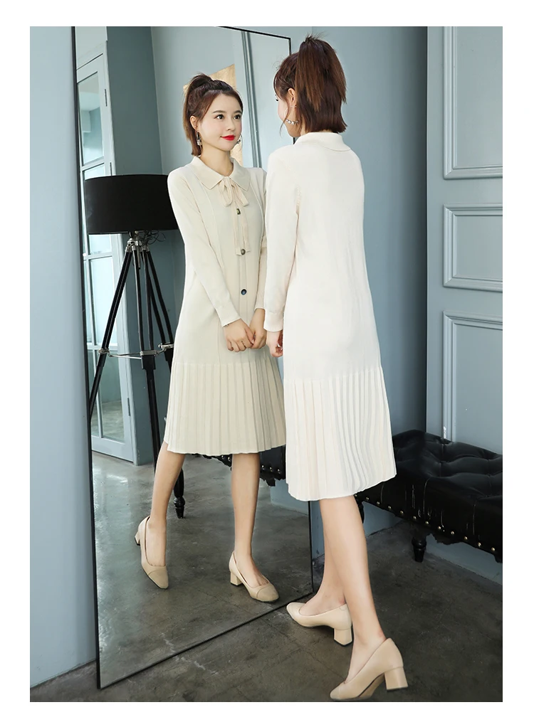 Bowknot Women Knit Dress Turn Down Pleated Hem Midi Knit Dress Korean Sweet Elegant Slimming Autumn Winter Women Dress