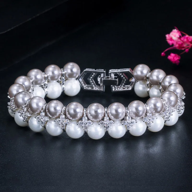 Grey and White BeaQueen изысканный фианит большой круглый белый и серый жемчуг свадебные браслеты вечерние ювелирные изделия для подружек невесты B181 - Окраска металла: Grey and White