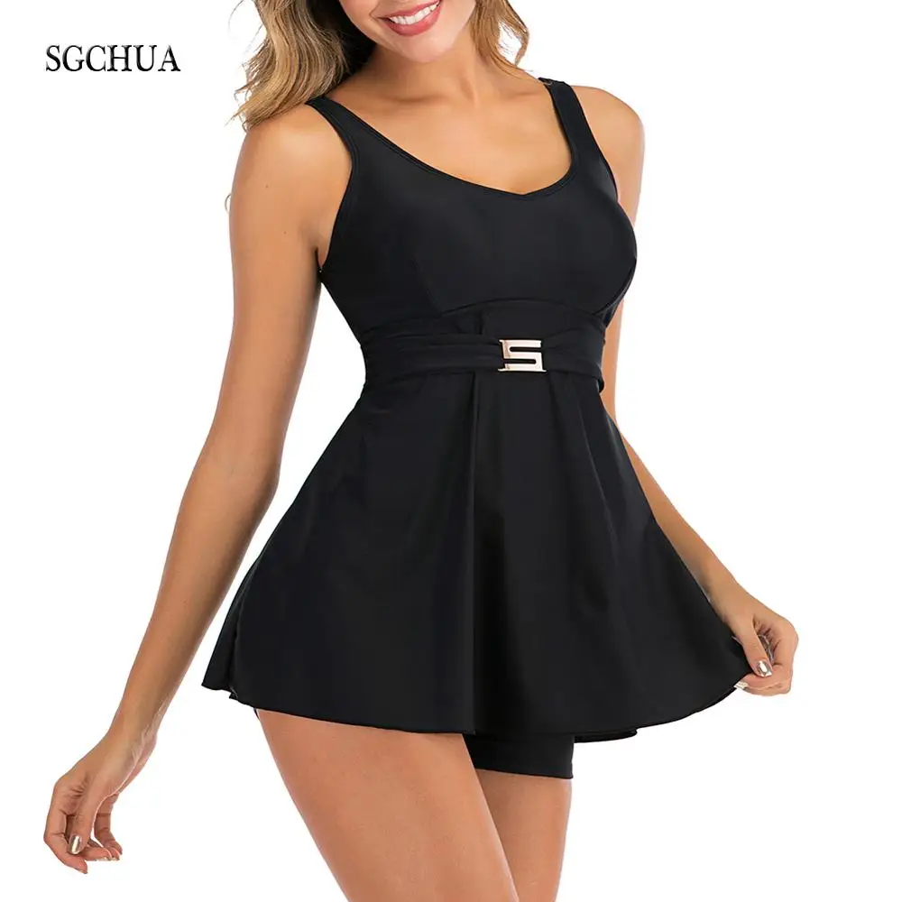 

SGCHUA 2020 New Solid Black 5XL Tankini with Golden S Belt Plus Size XXXL Two Piece Swimsuit Women Beach Boxer Swimwear for Fat