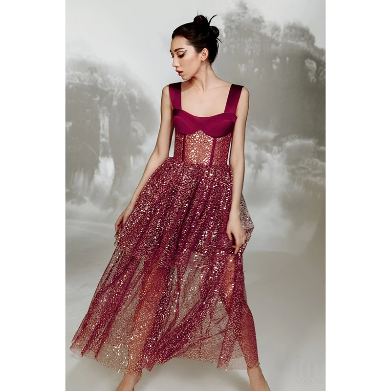 

Party Dress Women's Summer Dress for Elegant Sequined Mesh Satin Casual Dresses