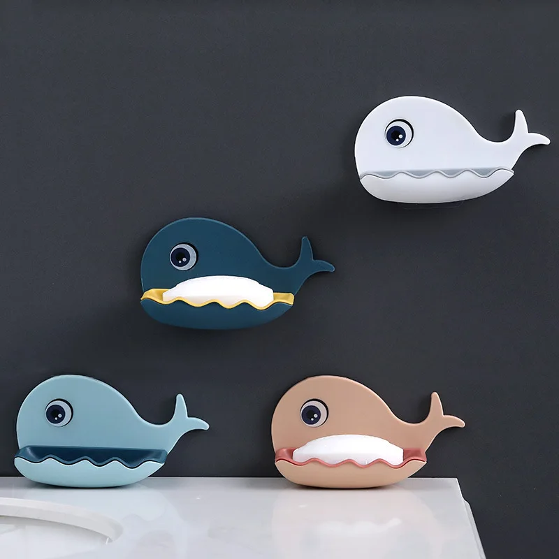 Jabonera de ballena no perforada Multicolor para baño, plato de jabón de doble capa, estante portátil montado en la pared para el hogar