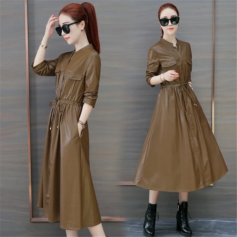 Модная длинная Шикарная ветровка, кожаная женская куртка,, весна-осень, пальто, новинка, корейский стиль, искусственная кожа, мотоциклетная, кожаная одежда, XA123 - Цвет: brown