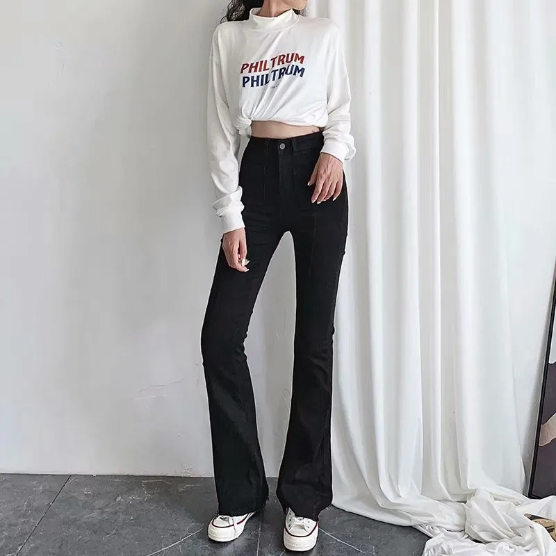 Autumn and winter new European and American style high waist stretch horn jeans women, Slim long legs solid color jeans women Autumn and winter new European and American style high waist stretch horn jeans women, Slim long legs solid color jeans women