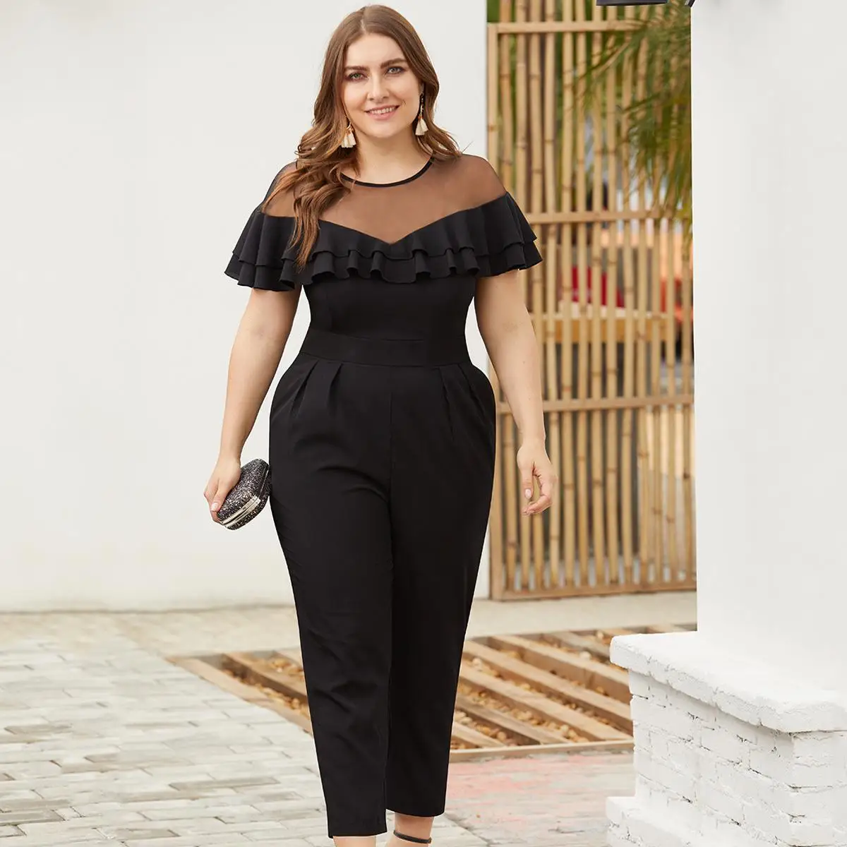 

Big Size Women Jumpsuit 2019 Mesh Stitching Double Ruffled Short-sleeved waist pockets Small Feet trousers Sexy Casual Clothing