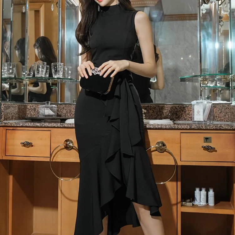 

Women's Dress 2020 Spring New Style Korean-style Debutante Elegant Stand Collar Flounced Lace-up Fishtail Formal One-piece Dress