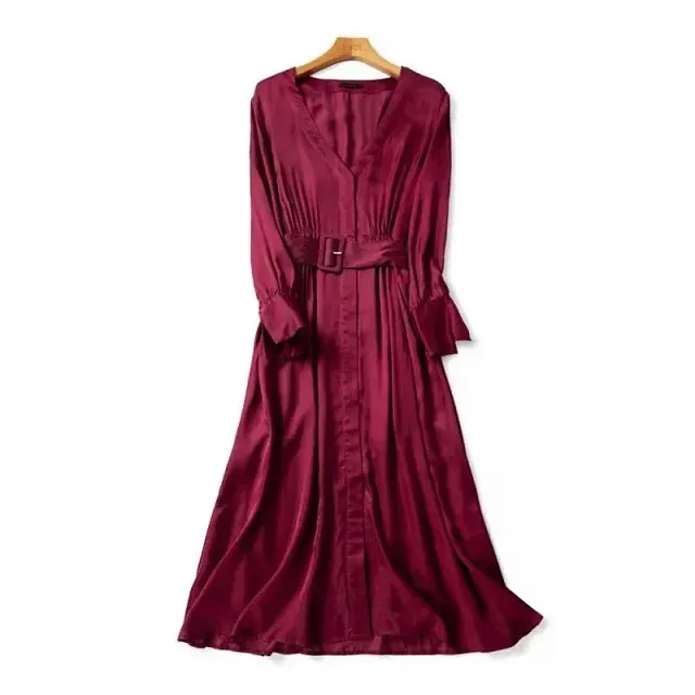 Nieuwe Eenvoudige Elegante Jurk Met Riem Vrouwen V Hals Lange Mouw Jurk Lente Zomer Nieuwe Eenvoudige Elegante Jurk Met Riem Vrouwen V Hals Lange Mouw Jurk Lente Zomer