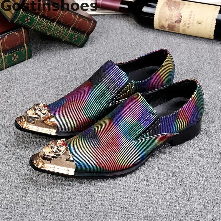 

Men Shoes Colorful Genuine Leather Loafers For Men Metal Capped Toe Pointed Slip On Casual Leather Shoes Men For Party Wedding