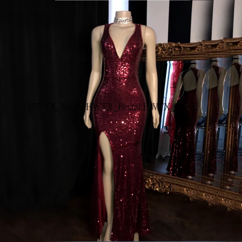 

Sparkly Burgundy Sequin Prom Dresses 2020 New Sexy Backless High Slits Long Mermaid African Black Girl Prom Dress Gown 2K20