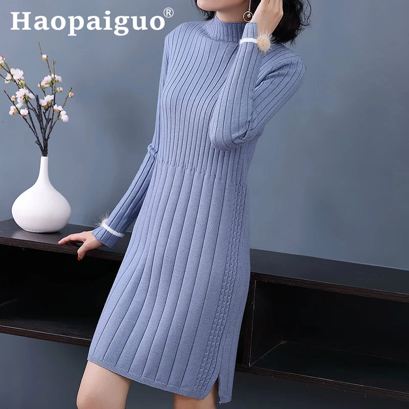 

Solid Loose Knitted Autumn Dress Women Half Turtleneck Black Sweater Dress Women Long Sleeve with Hairball Solid Korean Dress