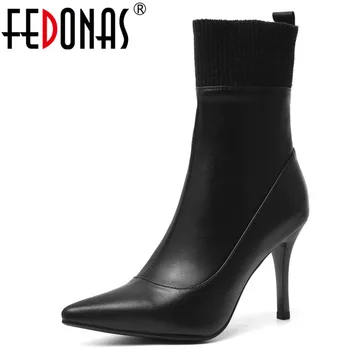 

FEDONAS Women Elegant Ankle Boots Warm Genuine Leather Knitting Stretch Boots Party Dancing Shoes Woman Big Size Socks Boots