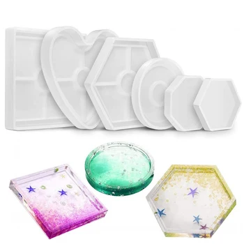 

5pcs/set Diy Coaster Silicone Mold Square Tea Mat Hexagonal Crystal Epoxy Silicone Mold Cement Kids Decoration