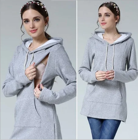 Maternity wear Keep warm Solid color Breastfeeding sweater Autumn and winter Pregnant woman top Thicken - Цвет: Серый