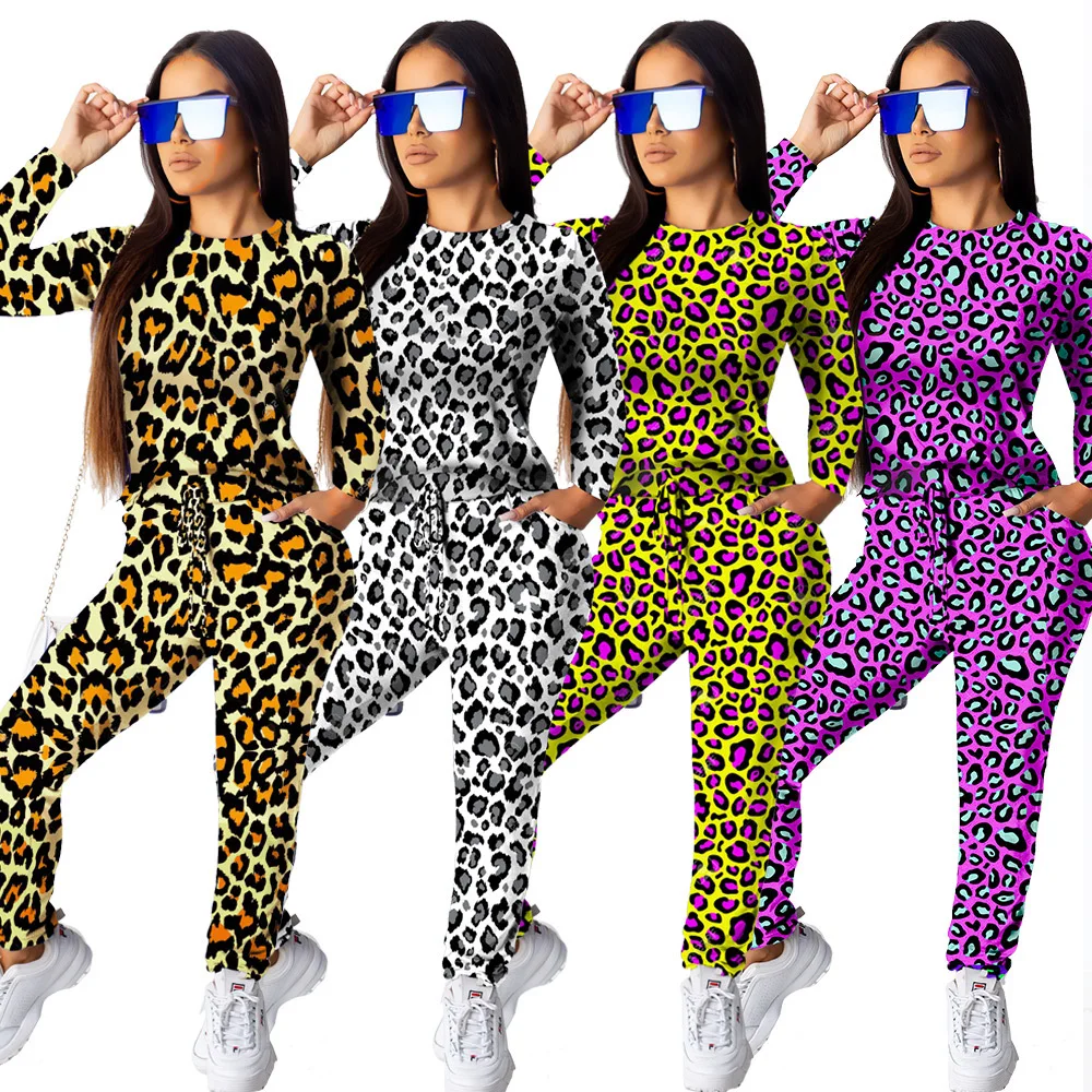 

2019 Autumn Winter New Sexy Leopard Two Piece Set Suit Women O Neck Long Sleeve Top Drawstring Pant Matching Set 2 Piece Outfits