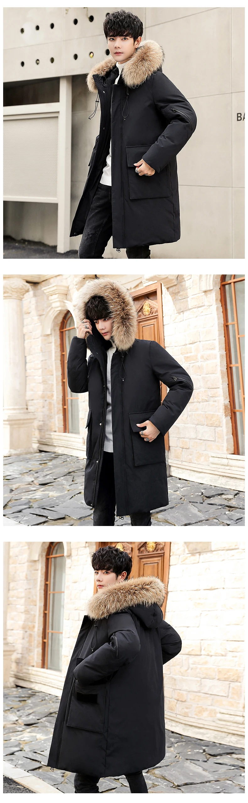 -30 Degree X-long Down Coat Men Fur Collar Hooded Long Jacket Mens Casual  Solid Color Thick Warm Windbreaker Clothing Men mens puffer jacket