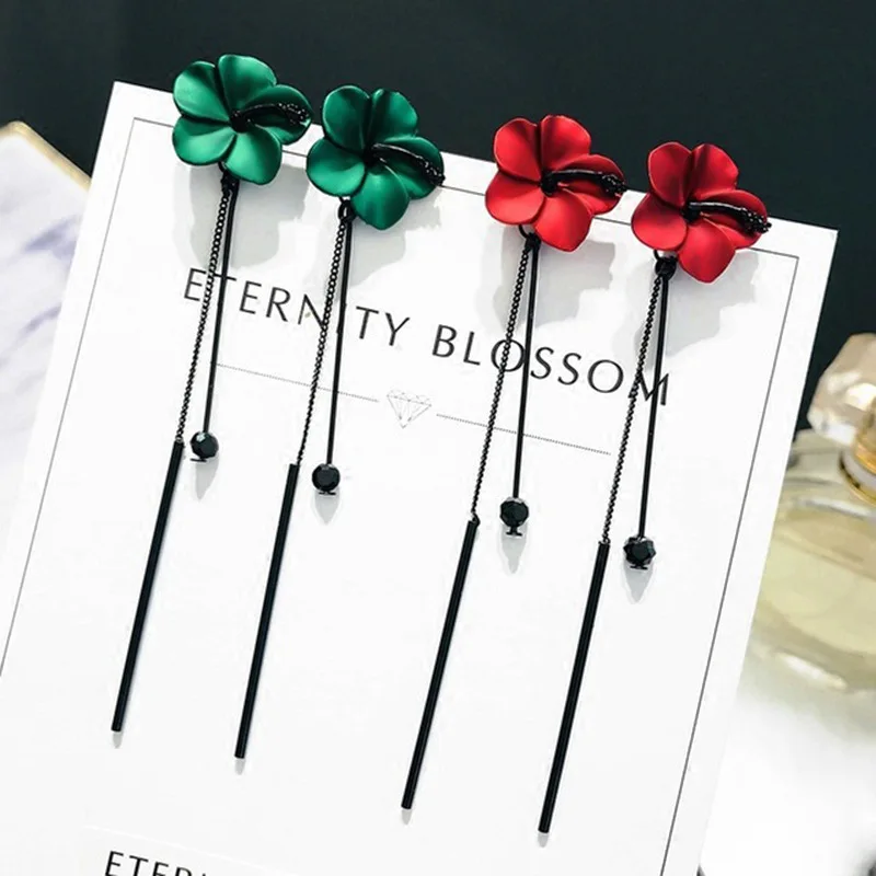 

New Women's S925 Silver Needle Earrings Beautiful Red Green Flowers Tassel Earrings Simple Earrings Jewelry Wholesale