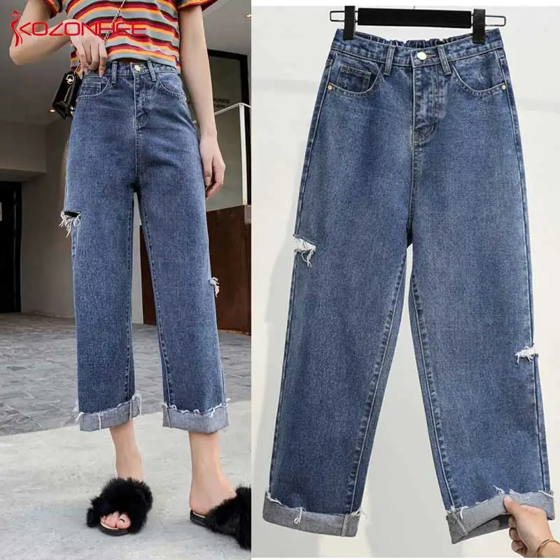 

Large size Inelastic Hole Wide leg Jeans Women Loose Straight Hole Pants Casual jeans Trousers Plus Size