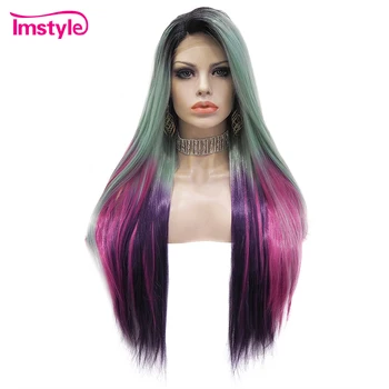 

Imstyle Green Pink Purple Wigs For Women Mixed Color Straight Synthetic Lace Front Wig Heat Resistant Fiber Party Ombre Wig