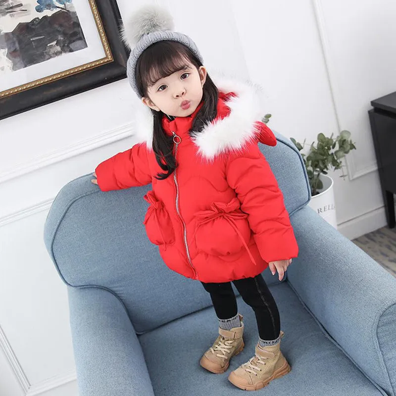 red Children Girls Winter Fashion Warm Thick Cotton Down Jackets With Fur Hat Kids Wadded Parkas Baby Girls Clothes Outwear V25 - Color: red