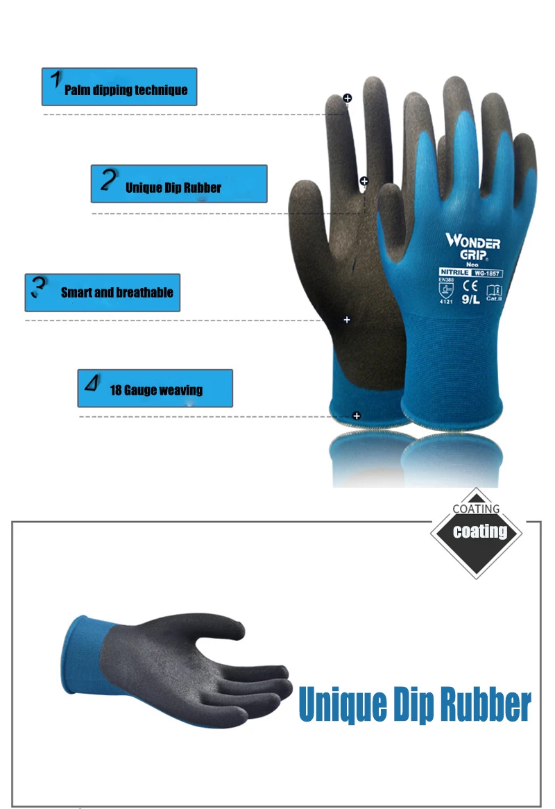 industrial safety hand gloves Wonder Grip Work Gloves For Nylon Spandex Wrapped with Foam Nitrile Coated Anti-skid 18 Gauge Working Gloves butcher gloves