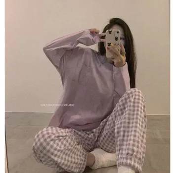 

Pajamas for Girls Sleep Tops + Plaid Pants Home Clothes for Women Loungewear Pijamas Pyjama Femme Sleepwear