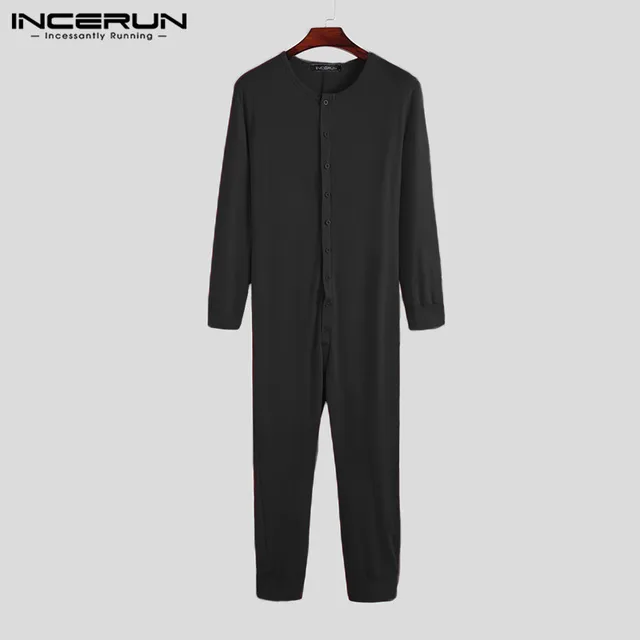 INCERUN Men Pajamas Jumpsuit Homewear Solid Color Long Sleeve Comfortable Button Leisure Sleepwear Men Rompers Nightwear
