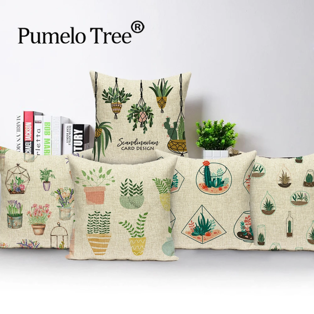 Подушка кактус декоративный чехол для диванной подушки с листьями Льняные