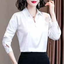 Fashion Silk Women Shirts Elegant Women Satin Blouse Shirt Women V Neck White Blouses Shirt Plus Size Womens Tops and Blouses OL