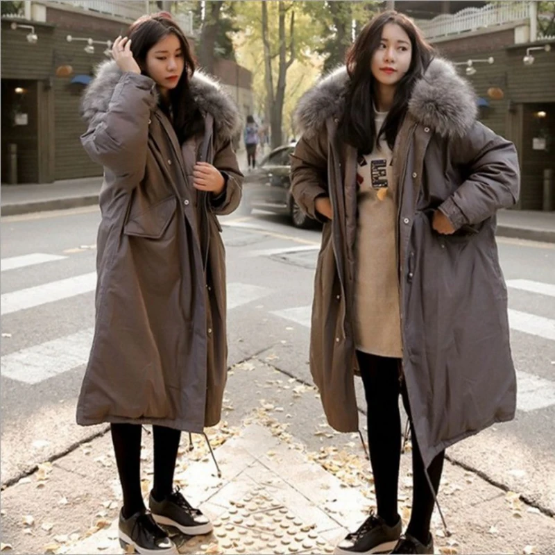 

WT053 Winter jacket women new Horean Parka Hooded Fur collar Zipper Pockets long winter jacket Loose Solid Thick Parka women