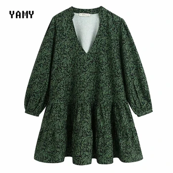 

New Womens Spring Dress long sleeve V neck zoravicky green Dress Vestidos high waist ruffles retro party Dress za vintage Dress