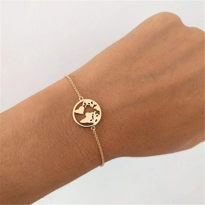

World Map Stainless Steel Bracelets For Women Simple Adjustable Gold Silver Vintage Jewelry Earth Day Gifts Christmas