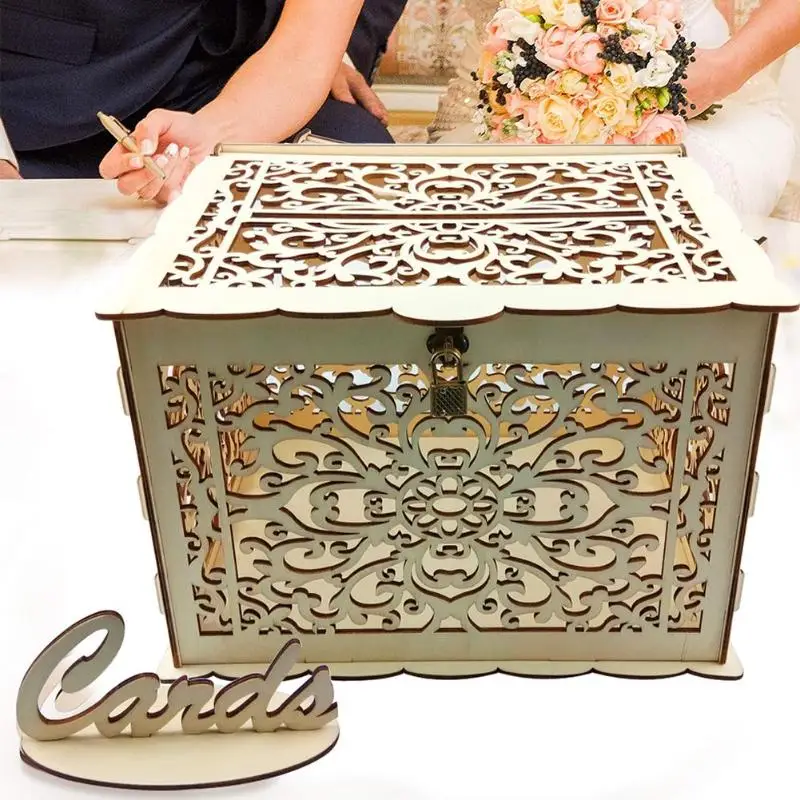  DIY Wooden Wedding Cards Storage Box Invitation Letter Case Hollowed Box Wedding Decoration Party S - 4.00047E+12