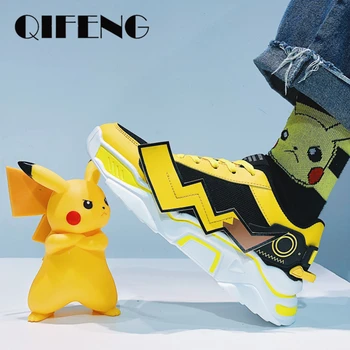 

Men Casual Shoes Fashion Anime Kawaii Pikachu Cosplay Props Poke Ball Yellow Canvas Teens School boy Sports Street Travel Male