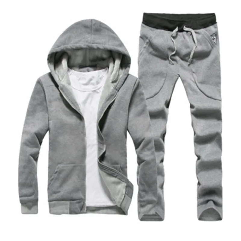 Mens Sportswear Casual Winter Warm Hooded Tracksuit Men Piece Sets Suit With Hood Fleece Thick Jacket 2