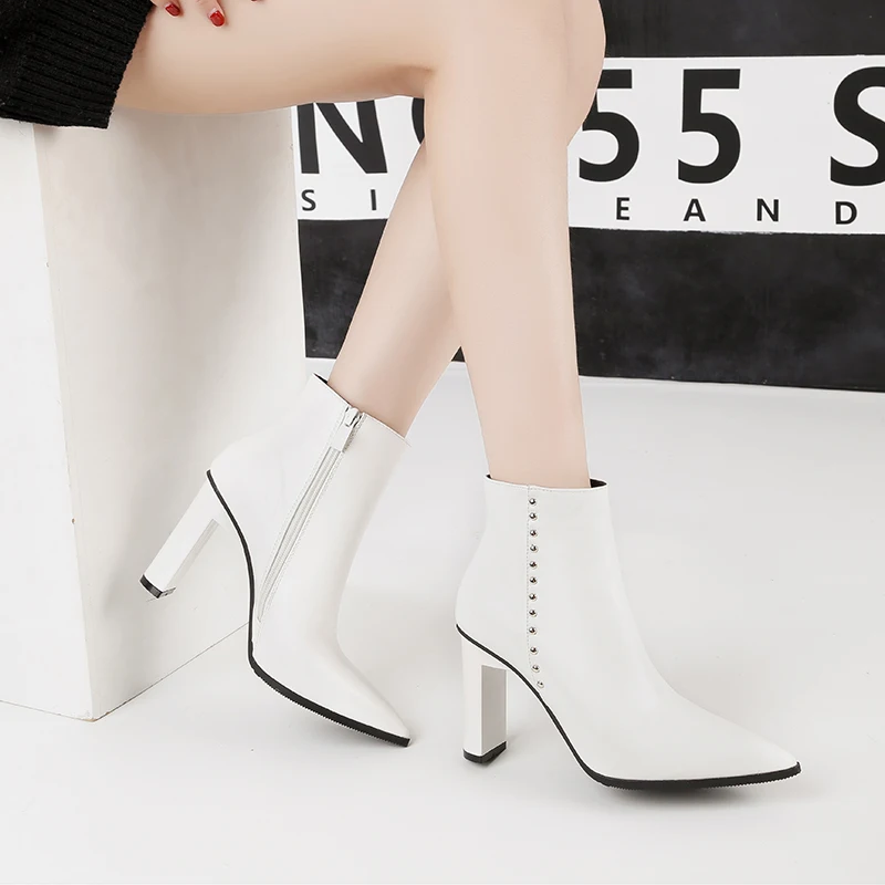 

Ankle Boots Woman Shoes Rivet High Heels Boot Pointed Toe Boots Leather Ladies Winter Booties Zapatos De Mujer Black Brown White