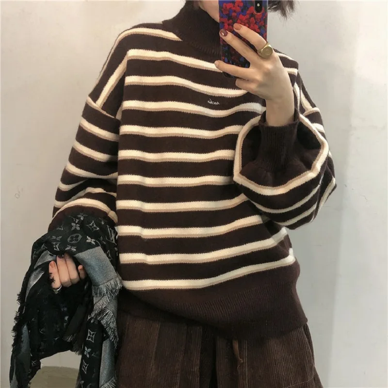 Корейский ins Harajuku зимний модный винтажный полосатый вязаный свитер с высоким воротником, Женский Винтажный толстый свободный свитер в стиле панк - Цвет: brown