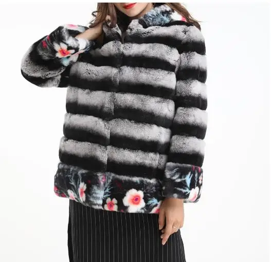 

women real rex rabbit fur coats striped plus size warm with hood with flower print winter furry fluffy 2019 fashion